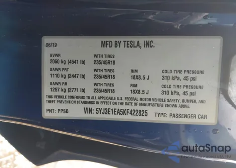 2019 Tesla Model 3 Long Range/Mid Range/Standard Range/Standard Range Plus из США, поврежденный, VIN 5YJ3E1EA5KF422825